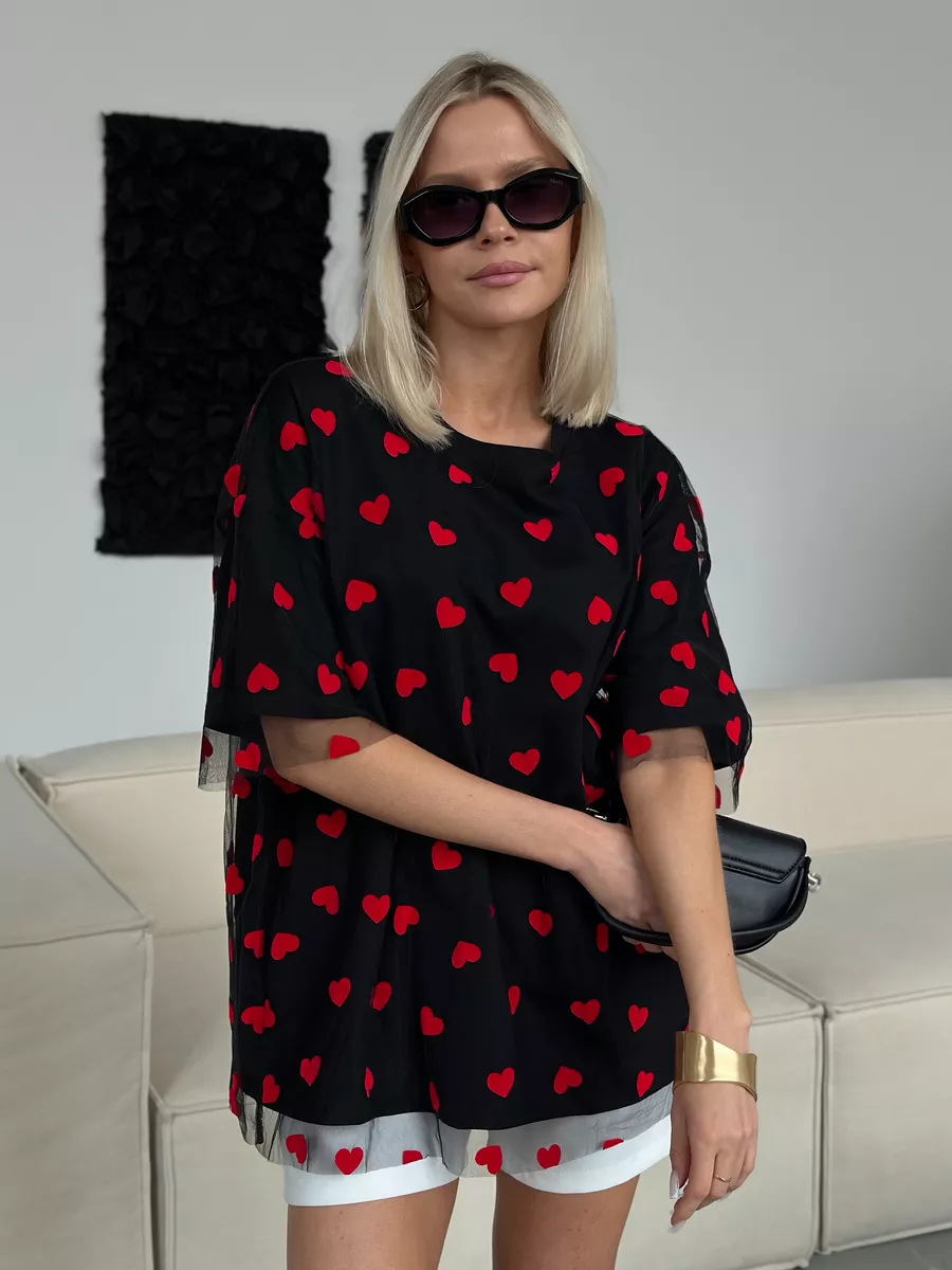 European And American Style Women's Love Mesh Stitching Loose Basic Style Round Neck Short Sleeve T-shirt - Image 9