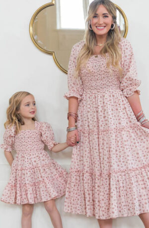 Fashion Floral Square Collar Lantern Sleeve Mother-daughter Parent-child Dress