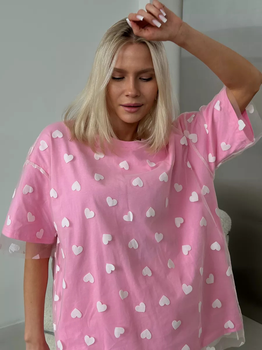 European And American Style Women's Love Mesh Stitching Loose Basic Style Round Neck Short Sleeve T-shirt - Image 8