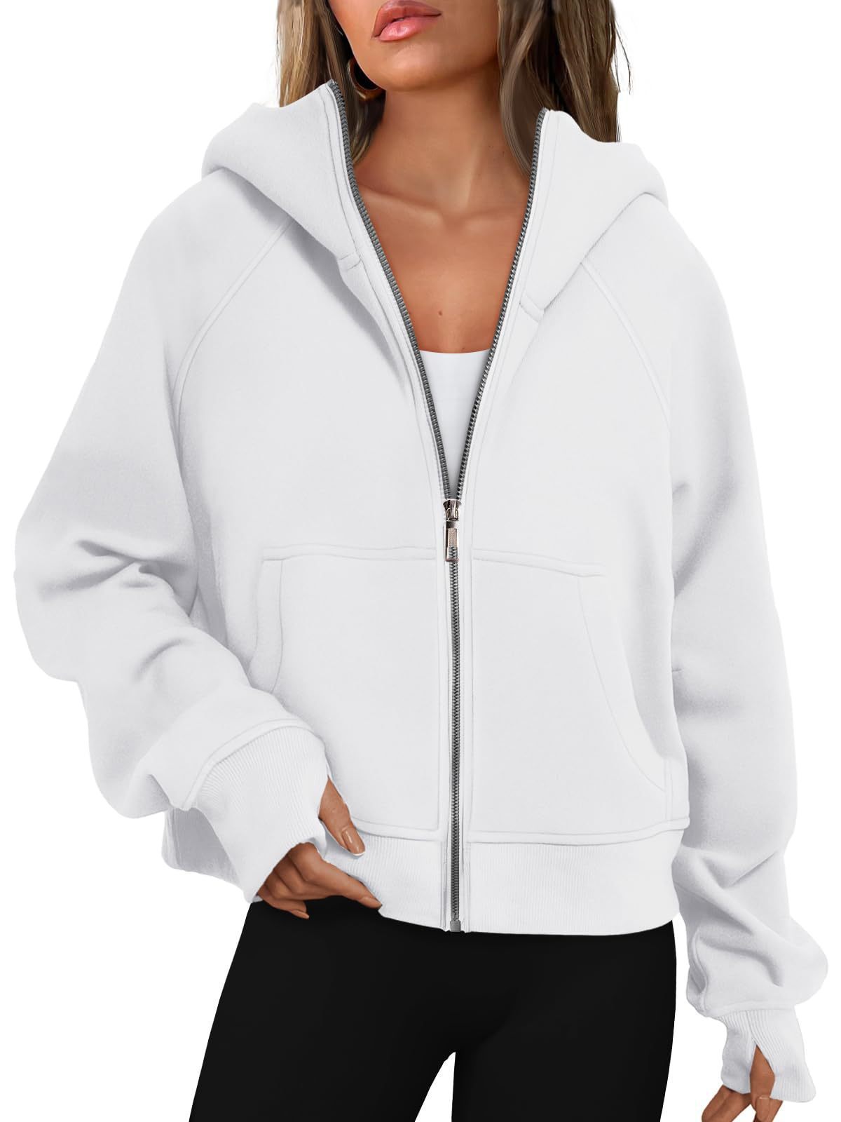 Loose Zip Long Hooded Thumb Hole Brushed Hoody - Image 2