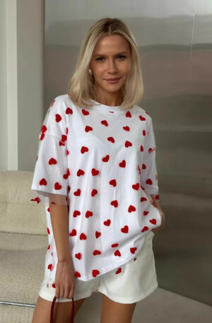 European And American Style Women's Love Mesh Stitching Loose Basic Style Round Neck Short Sleeve T-shirt