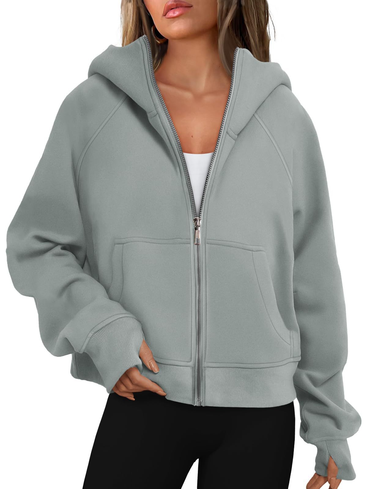 Loose Zip Long Hooded Thumb Hole Brushed Hoody - Image 4