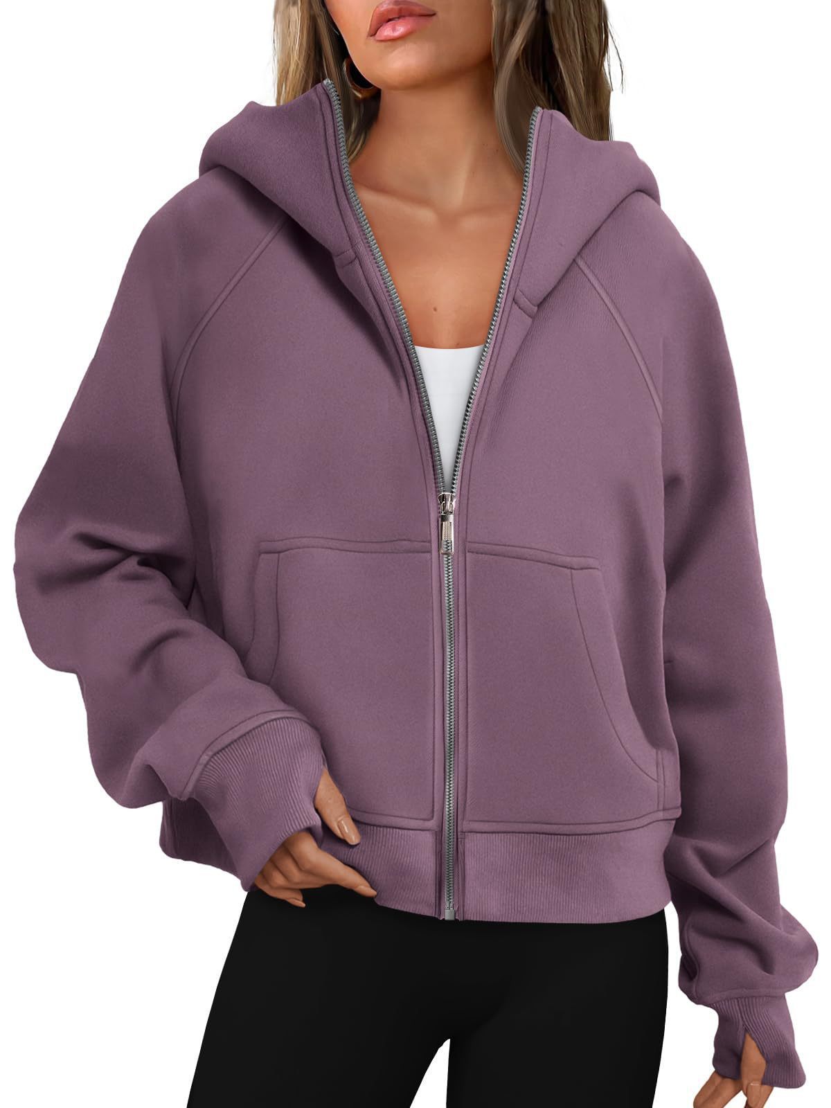 Loose Zip Long Hooded Thumb Hole Brushed Hoody - Image 7