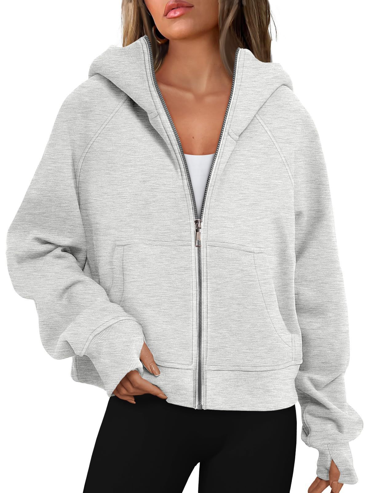 Loose Zip Long Hooded Thumb Hole Brushed Hoody - Image 5