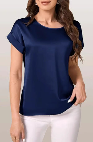 Round Neck Solid Color Smooth Surface Short Sleeve Loose