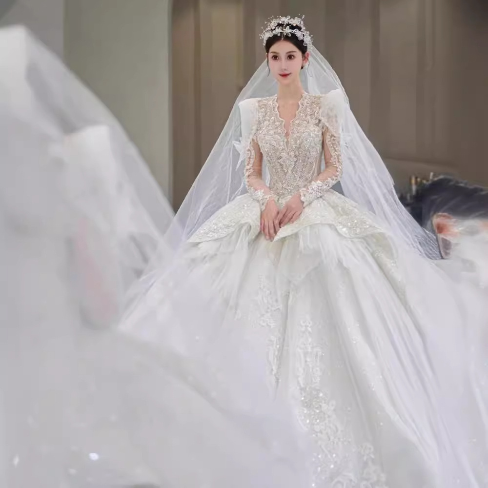 Bride Main Yarn Long Sleeve Heavy Industry Trailing French Retro Advanced - Image 3