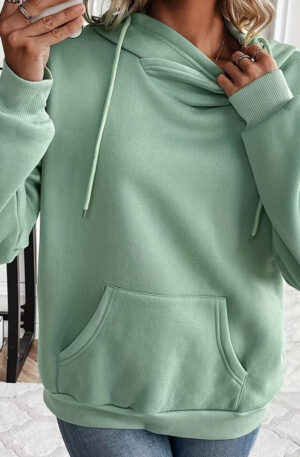 Solid Color Hooded Drawstring Front Pocket Long Sleeve Sweater