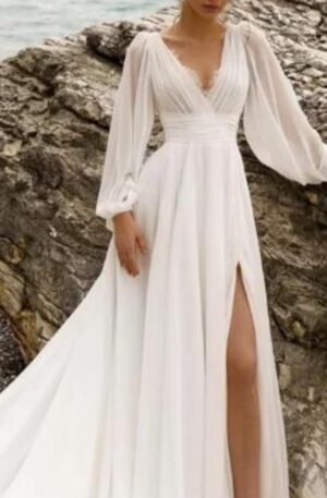 European And American High Waist Plus Size Deep V Long Sleeve Mopping Backless Wedding Dress High Slit