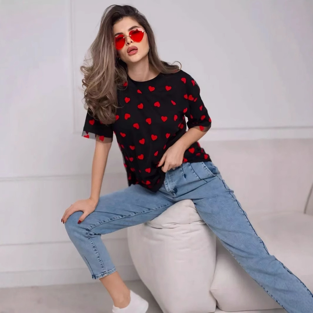 European And American Style Women's Love Mesh Stitching Loose Basic Style Round Neck Short Sleeve T-shirt - Image 3