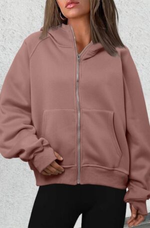 Loose Zip Long Hooded Thumb Hole Brushed Hoody