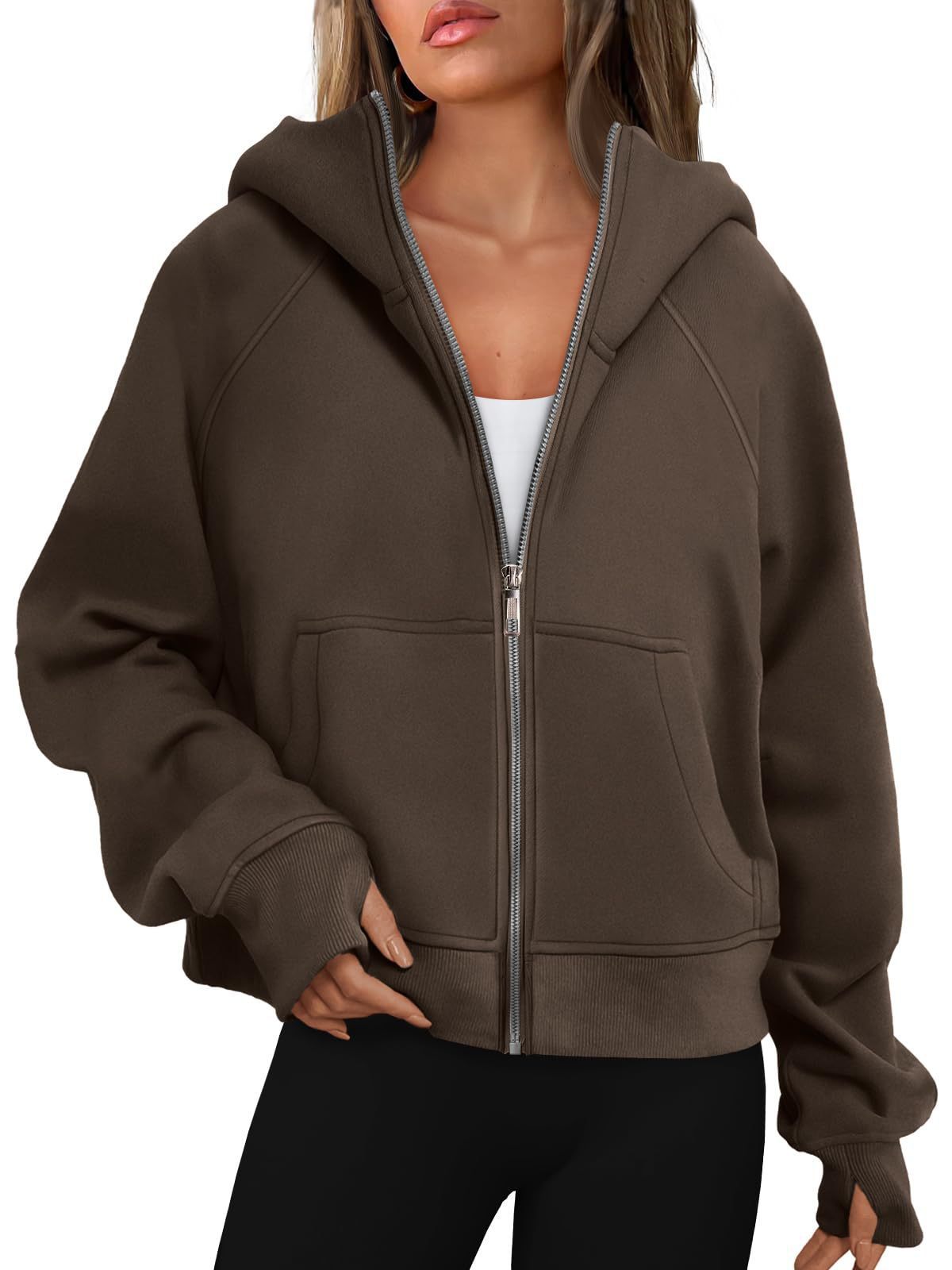 Loose Zip Long Hooded Thumb Hole Brushed Hoody - Image 6